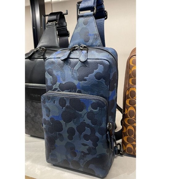 Coach Gotham Pack Sling Camo Mens Blue Leather Small Backpack Crossbody C5334 - Picture 4 of 13